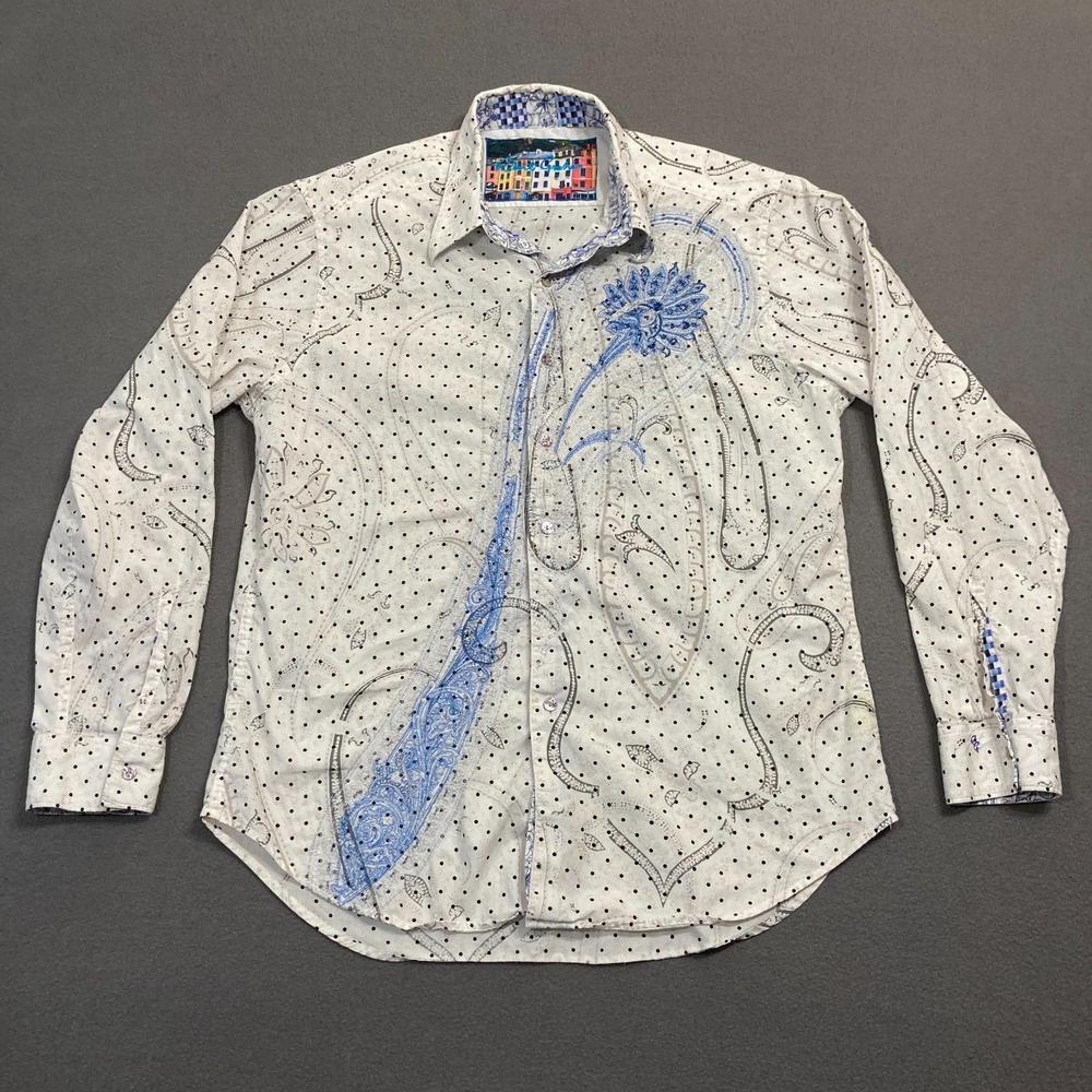 Robert Graham Men's Size XL Embroidered Blue Floral Paisley Polka Dot Shirt‎